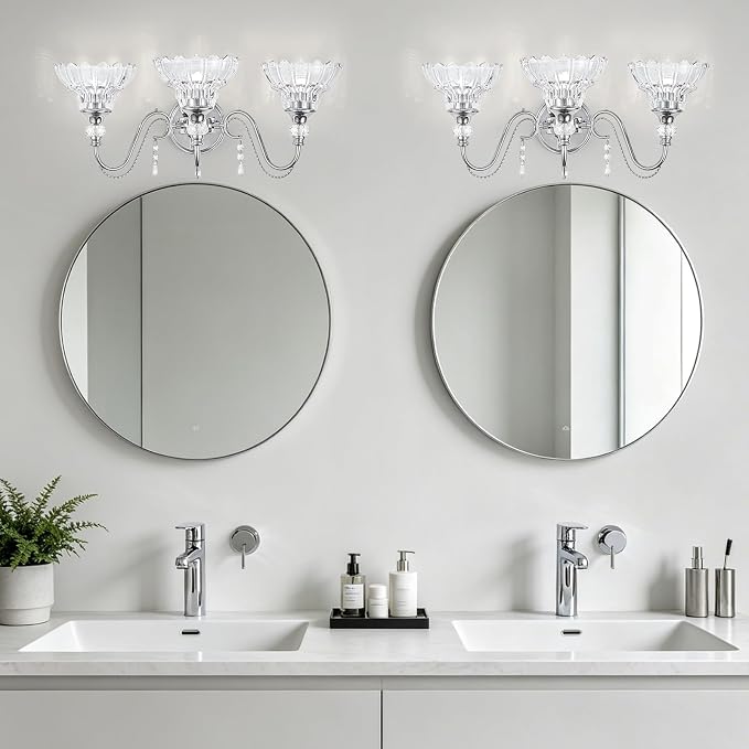 Brushed Chrome Bathroom Vanity Light, 3-Light Chrome Finish Wall Sconce with Hanging Crystal Accents and Flower-Shaped Clear Glass Shades, Modern Wall Mount Vanity Light Over Mirror for Bathroom