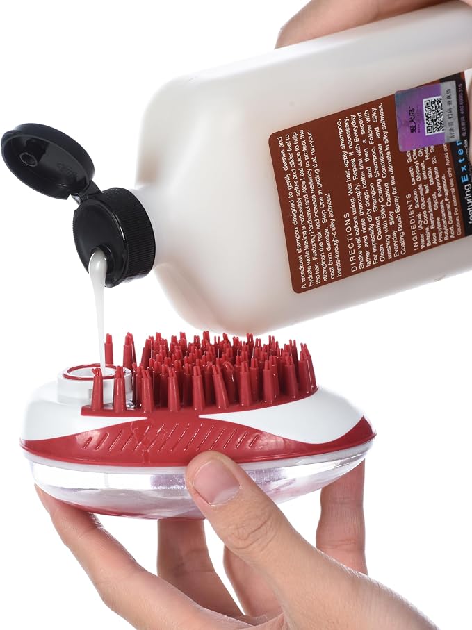 CHI for Dogs Soap Dispensing Palm Brush, Handheld Dog Bathing Scrubber with Built-In Shampoo Dispenser, Soft Rubber Bristles for Massaging and Deep Cleaning All Dog Coat Types, Red