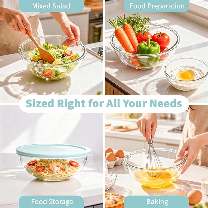 WhiteRhino Glass Mixing Bowl with Lids Set of 5, 0.2, 0.5, 1.1, 2.1, 3.75 QT, Large Salad Bowls with BPA-Free Lids, Space-Saving Nesting Bowls for Kitchen Food Storage, Glass bowl for Cooking, Baking