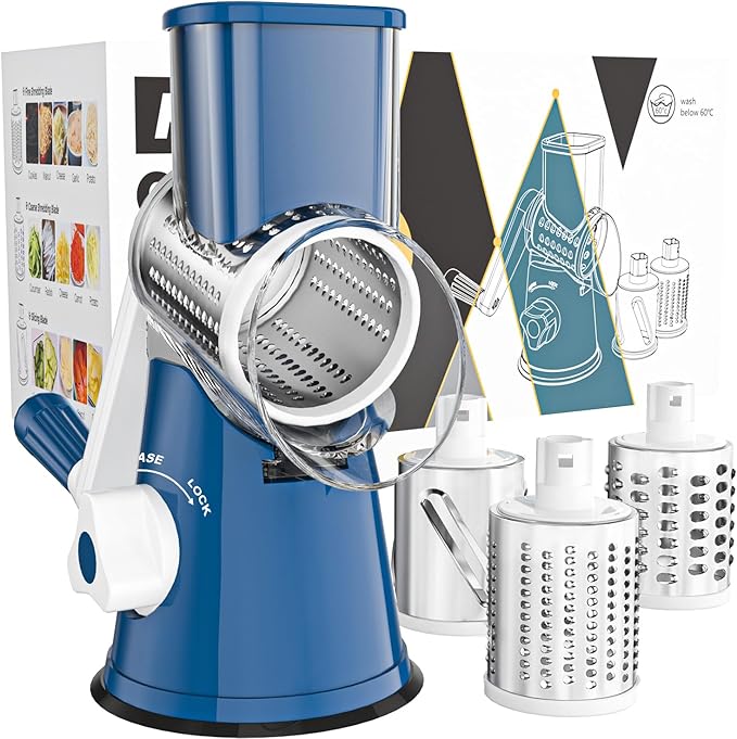 Cambom Rotary Cheese Grater Hand Crank Cheese Shredder for Fresh Cheese, Vegetable, Nuts,Non-slip Suction Base，Three Blades,Dark Blue