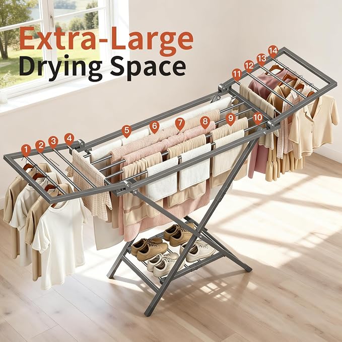 Clothes Drying Rack Heavy Duty, Foldable Laundry Dryer Stand for Clothing & Towel, Free Standing Collapsible for Indoor & Outdoor, 2-Level Clothing Drying Rack, 63" L× 17.7" W, Gray