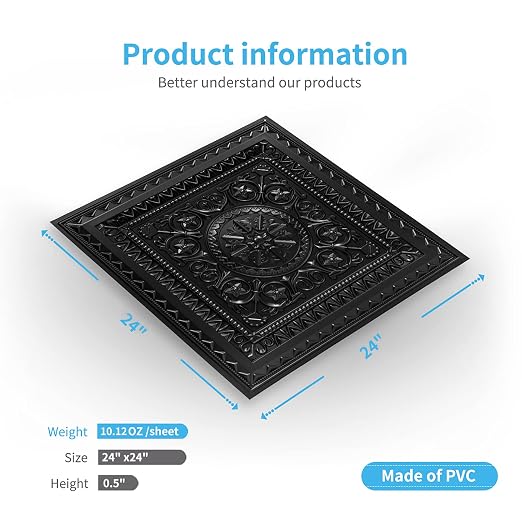Art3d Drop Ceiling Tiles, Glue up Ceiling Tiles, 2'x2' Plastic Sheet in Black (12-Pack, 48 Sq.ft)