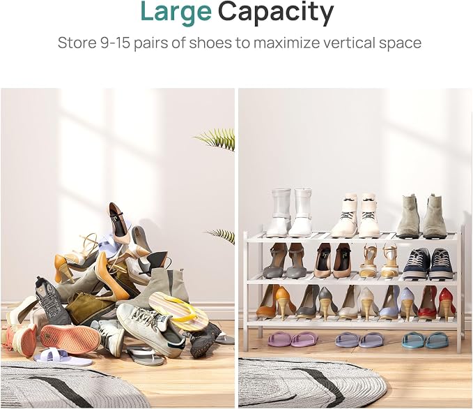 viewcare 3-Tier Long Shoe Rack, Bamboo Wood Shoe Rack for Closet, Entryway & Hallway, Stackable White Shoe Shelf Storage Organizer for Indoor Outdoor