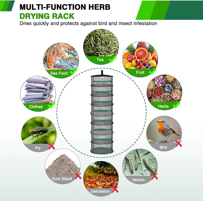 Yesker 8 Layer Herb Drying Rack Hanging Mesh Net Foldable Plant Drying Racks 24" Diameter with Green Zipper & Hook Dryer Hanging Rack for Herbs Seed Bud Fruit Clothes Grow Tent Closets Garden Outdoor | Diameter with Green Zipper & Hook Dryer Hanging Ra...