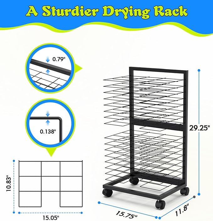 Art Drying Rack 0.138" Thickened Paint Drying Rack Concave Painting Racks with 4 Casters, 3lbs Load Capacity Wire Paint Drying Stand for Classroom Art Studios, Schools, Preschool