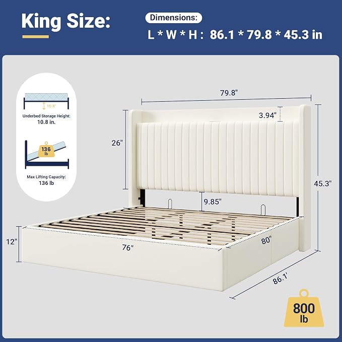 Allewie King Lift Up Storage Hydraulic Bed Frame,Charging Station,Cream | Storage Shelf Headboard with Charging Station,Type-C,USB Ports,Hydraulic Support,Velvet Upholstered,No Box Spring Needed