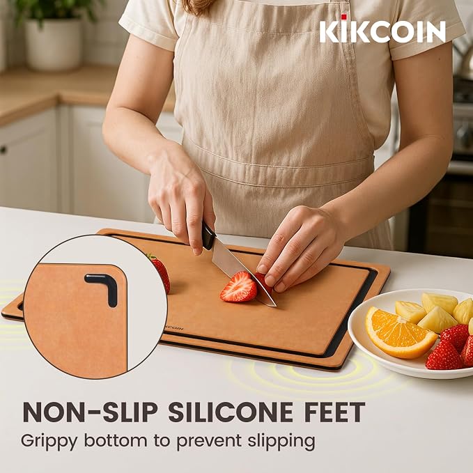 Kikcoin Wood Cutting Board Set of 3, Cutting Boards for Kitchen with Holder Dishwasher Safe Non-slip Chopping Board with Juice Groove, Wood Fiber Composite Cutting Boards