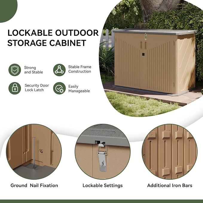 Aoxun Outdoor Storage Cabinet with 2 Shelves, 35 Cu Ft Waterproof Portable Horizontal Resin Shed Outdoor Storage for Garbage Bin, Generators & Yard Gear, and Lawn Mower (Brown)