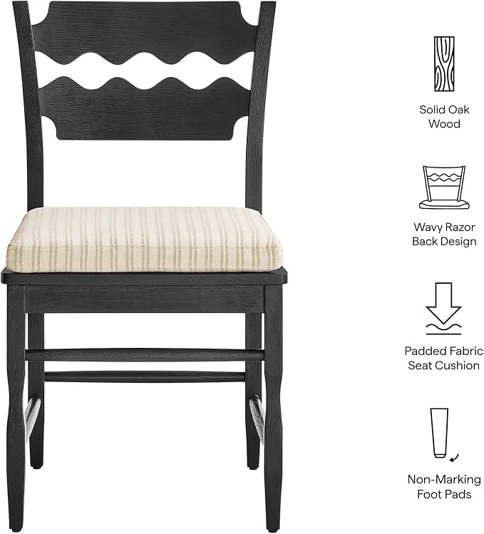 Modway Jax Vintage Inspired Oak Wood Dining Chair with Wavy Razor Back in Black Oatmeal Stripe - Armless Side Chair with Fabric Seat Cushion for Dining Room, Kitchen, Or Accent Seating