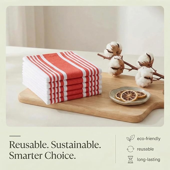 Urban Villa Kitchen Towels 100% Cotton Dish Towels for Kitchen (Set of 6) 20”x30” Dish Cloths Highly Absorbent Kitchen Linen Set with Hanging Loop Perfect for Drying Dishes Cleaning Towels-Red White