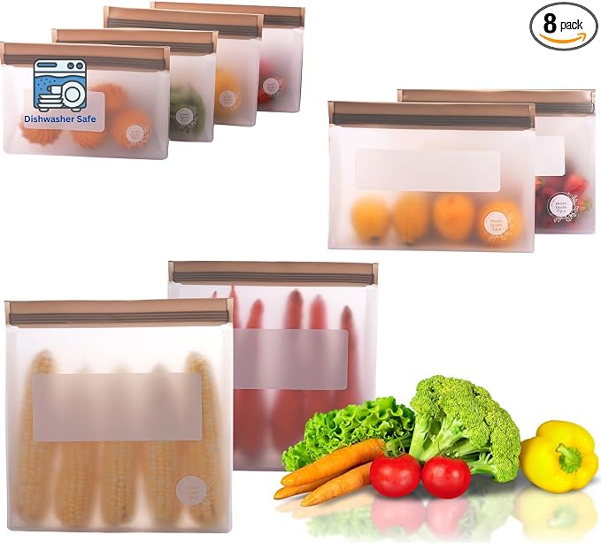 Reusable Food Storage Bags 8-Pack – BPA-Free Freezer & Dishwasher Safe, Leakproof Stand-Up Snack Bags 2 Gl + 2 L, 4 M– Eco-Friendly Airtight Ziplock Bags for Kitchen & Travel(Grey)
