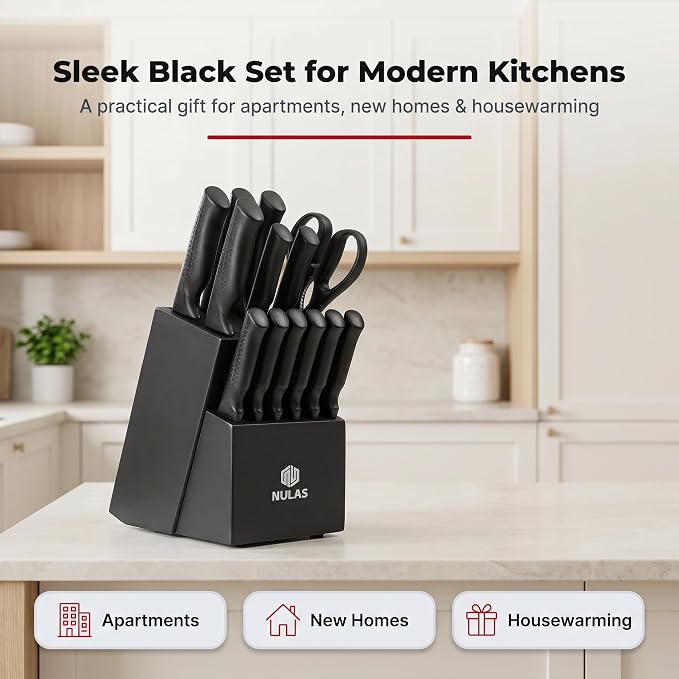 Knife Set, 15-Piece Kitchen Knife Set with Block and Built-in Sharpener, Dishwasher Safe, Non-slip Handle, 6 Steak Knives, Black