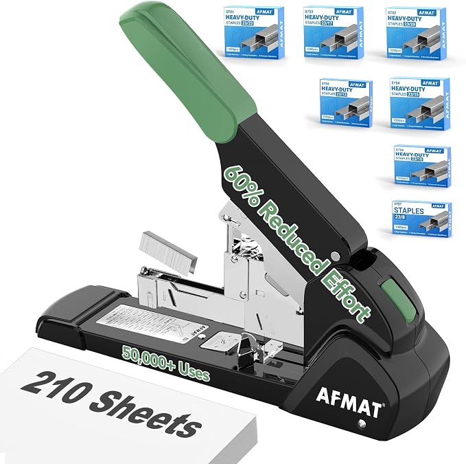 AFMAT Heavy Duty Stapler, 210 Sheet Effortless Stapler for Desk, 60% Reduced Effort, Jam Free, 50,000+ Uses, Adjustable Paper Depth, Metal Desktop Staplers for Office, Includes 7000Pcs Staples, ES15