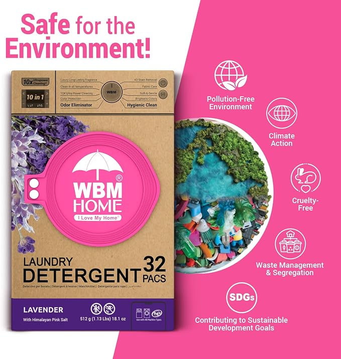 WBM 10-in-1 Laundry Detergent Pods, Fabric Softener with Lavender Extracts, High-Efficiency Laundry Pods with Powerful Stain Lifter Technology - 32 Count Bag