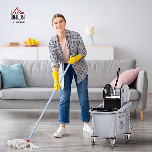 HOMCOM 9.5 Gallon (38 Quart) Mop Bucket with Wringer Cleaning Cart Grey | 4 Moving Wheels, 2 Separate Buckets, Mop-Handle Holder