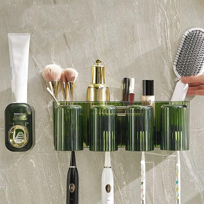 Toothbrush Rack Wall Mounted Toothbrush Holder Multifunctional Mouthwash Cup Brushing Cup Automatic Toothpaste Dispenser Squeeze Kit Bathroom Toothbrush Holder(C,XL)