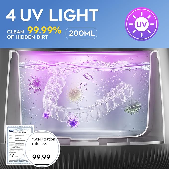 Ultrasonic Retainer Cleaner Machine, Dynamic 42-48kHz Dental Cleaning Pod with Digital Timer, 200ml Mouth Guard Cleaner Pod for Aligners, Night Guards, Dental Trays, Braces & Toothbrushes (Jet Black)