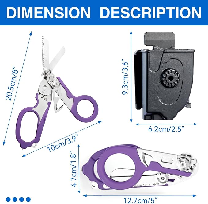 Heavy Duty 6 in 1 Multifunctional Trauma Shears Foldable | Stainless Steel emergency response scissors | Survival Shears with Holster | Medical Trauma shears Tactical With Strap Cutter | Purple