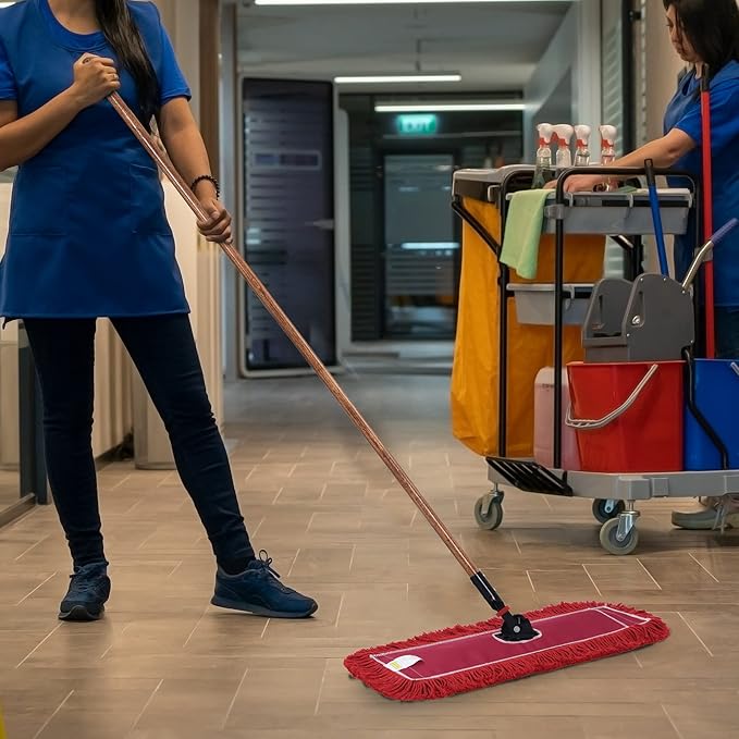 Matthew Cleaning 24'' Industrial Strength Cotton Dust Mop Refill Washable Replacement Heads for Residential & Commercial Use Fit Standard Dust Mop Frames, Hardwood,Concrete Floors Red 12 Pack