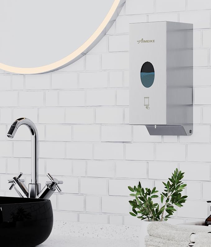 Commercial Automatic Wall-Mount Soap Dispenser, Stainless Steel | Touchless 800 mL dispenser with stainless steel exterior, oval window and keyed lock; requires 6 AA batteries, not included.