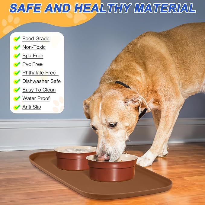 SMILOOL Waterproof Silicone Pet Food Mat with Raised Edge for Dog & Cat | 19" x 12" Non-Slip Pet Feeding Mats with Lip for Food & Water Bowl, Food Grade, Easy Cleaning, Brown