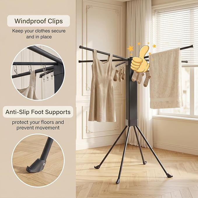 Laundry Drying Rack Collapsible, Foldable Clothes Drying Rack, Indoor Clothes Drying Rack, with 16 Clips Portable Clothes Drying Rack for Hanging Clothes, Indoor, Camping, Balcony, Outdoor