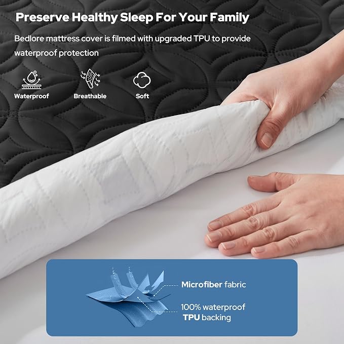 BEDLORE Waterproof Mattress Protector, RV Queen Size Mattress Pad Noiseless with Deep Pocket 6"-18" Depth, Soft Breathable Dirt-Proof Bed Mattress Cover Washable (Black)