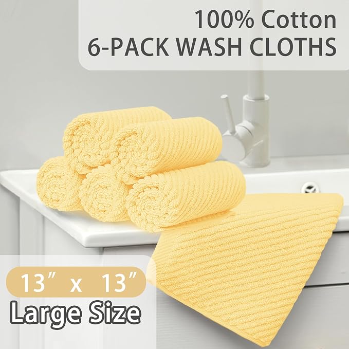 VOOVA & MOVAS Washcloths 6PC, 100% Cotton, 13x13 in, Yellow | Thick, Quick Dry, Soft, Absorbent, Fluffy Hand Towels, Hotel Wash Cloths, Towel Gift Set