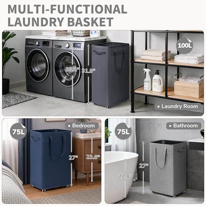 CHICVITA 100L Rolling Laundry Basket with Wheels, Large Collapsible Laundry Hamper with Removable Wash Bag Space for Corner Dorms, Grey