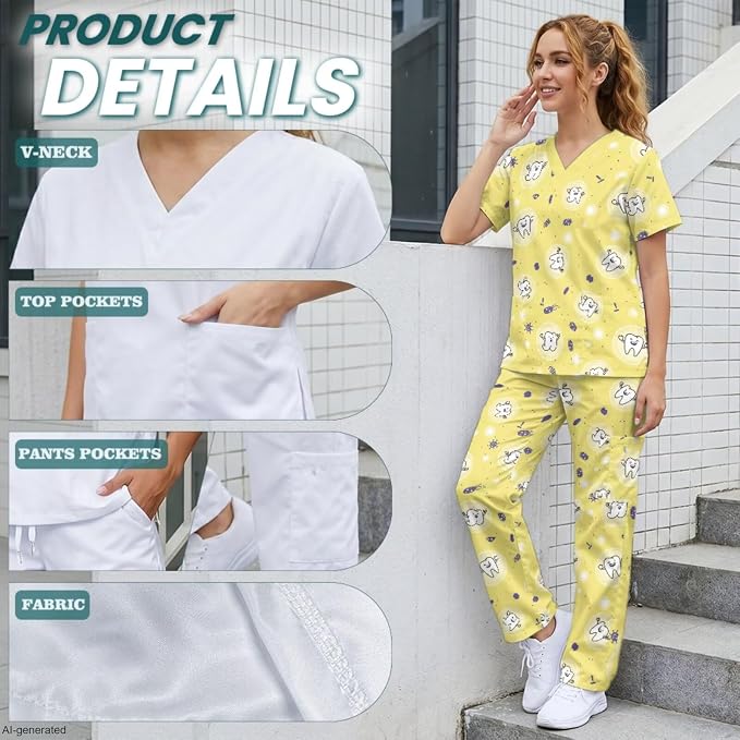 Gomyblomy Women's Scrubs Suit 3-Piece Set | Teeth Print V-Neck Top & Pants & Cap, Breathable and Stretch Fabric, S-5XL