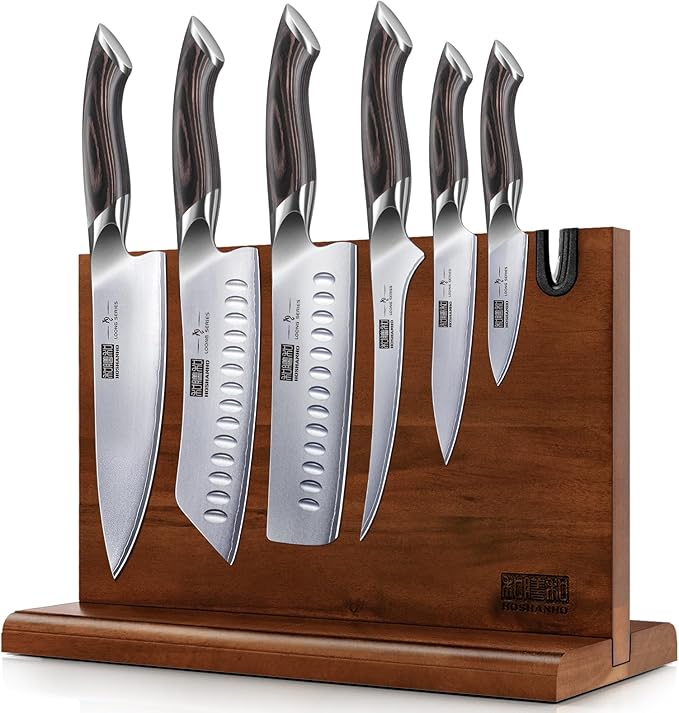 HOSHANHO 7PCS Kitchen Knife Set, Japanese Magnetic Knife Block Set | Ultra Sharp Japanese High Carbon Stainless Steel Chef Knives Sets with Block, Ergonomic Pakkawood Handle, Ideal Cooking Gift