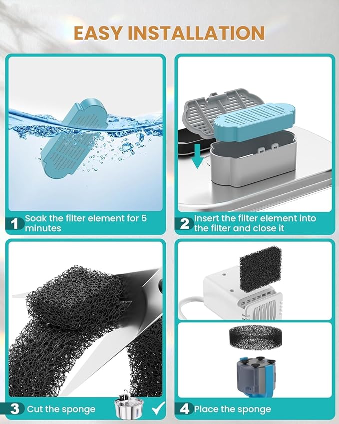 Official Tomxcute Cat Water Fountain Replacement Filters (6+2 Pack) | 3 Month Set, 6 Pack Replacement Filters + 2 Pack Sponges Set for Tomxcute 3.2L/108oz & 4L/135oz P Series Cat Fountain
