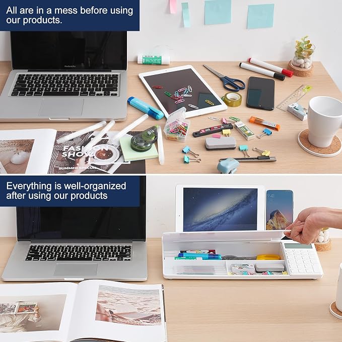 Small Glass Desktop Whiteboard Dry-Erase-Board - Computer Keyboard Stand with Calculator White Board Surface Pad with Drawer, Desk Organizers with Accessories for Office, Home, School Supplies - White