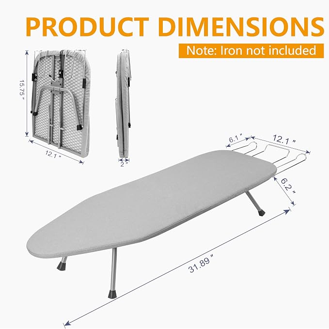 Small Ironing Board with Iron Rest, Tabletop Iron Board with Heat Resistant Cover, Foldable Mini Ironing Board, Easy Storage for Travel & Dorm, 31"x12", Gray