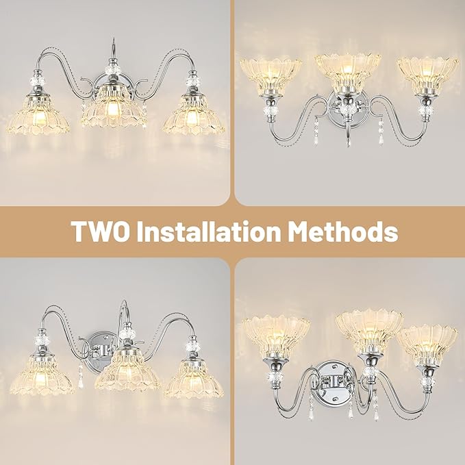 Brushed Chrome Bathroom Vanity Light, 3-Light Chrome Finish Wall Sconce with Hanging Crystal Accents and Flower-Shaped Clear Glass Shades, Modern Wall Mount Vanity Light Over Mirror for Bathroom