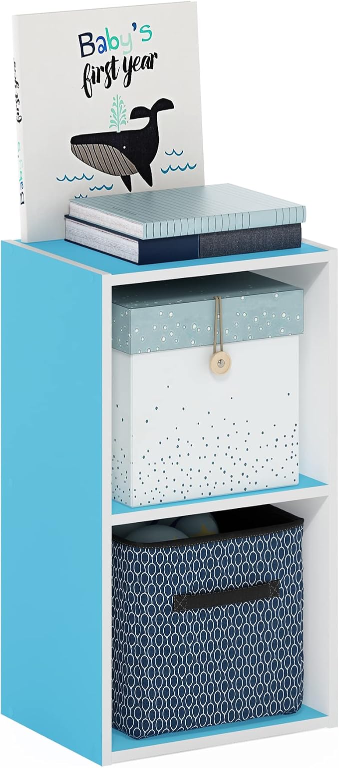Furinno PASIR Book Shelf, 2-Tier Modern Bookshelf, Open Shelves Bookcase 9 x 12 x 21, Easy Assembly, for Living Room, Bedroom, Home Office, Light Blue/White