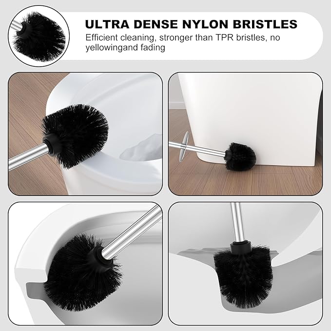 Silver Toilet Brush and Holder Set，Stainless Steel Heavy Duty Toilet Bowl Brush，Extra Long Handled Modern Toilet Cleaner Brush with Replaceable Head, Removable Inner Bowl, and Splash Protection