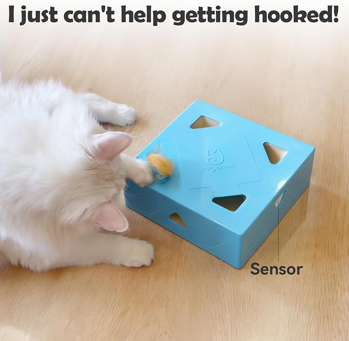 Migipaws Interactive Cat Toy -Migibox Without Popskin, Puzzle Toy for Indoor Bored Cats, Automatic Pop Out Feathers from 7 Holes Randomly, Motion Activated, USB Rechargeable(Blue)