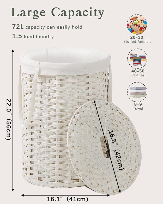 SETVSON Laundry Hamper with Lid Laundry Basket with Lid 72L, White | 19 Gal Round PE Rattan Hamper with Lid, Removable Washable Liner Bag, 2 Mesh Wash Bags, Steel Frame, Handles