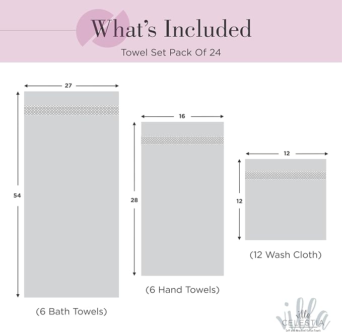 Villa Celestia 24-Piece 100% Cotton Towel Set, 6 Bath Towels, 6 Hand Towels, 12 Wash Cloth, Quick-Dry, Burgandy