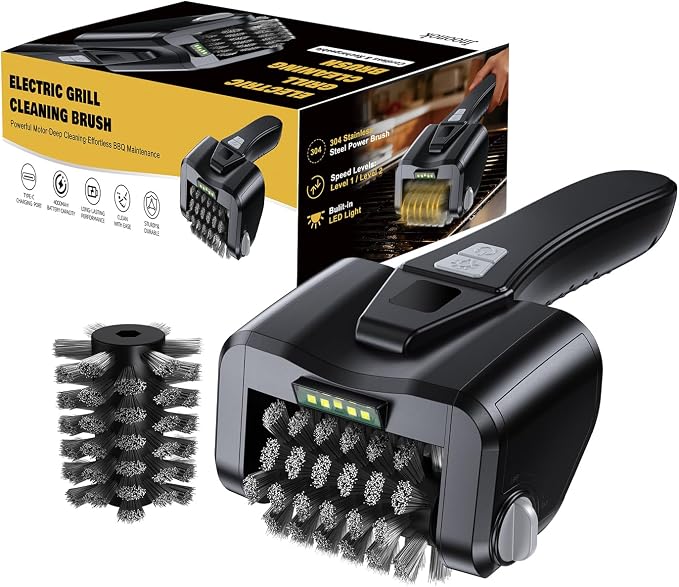 Electric Grill Brush for Outdoor Grill, 4000mAh Dual Speed Motorized BBQ Cleaner, Cordless Rechargeable with LED Light, No Shedding 304 Stainless Steel, Replaceable Head, Gifts for Men Dad