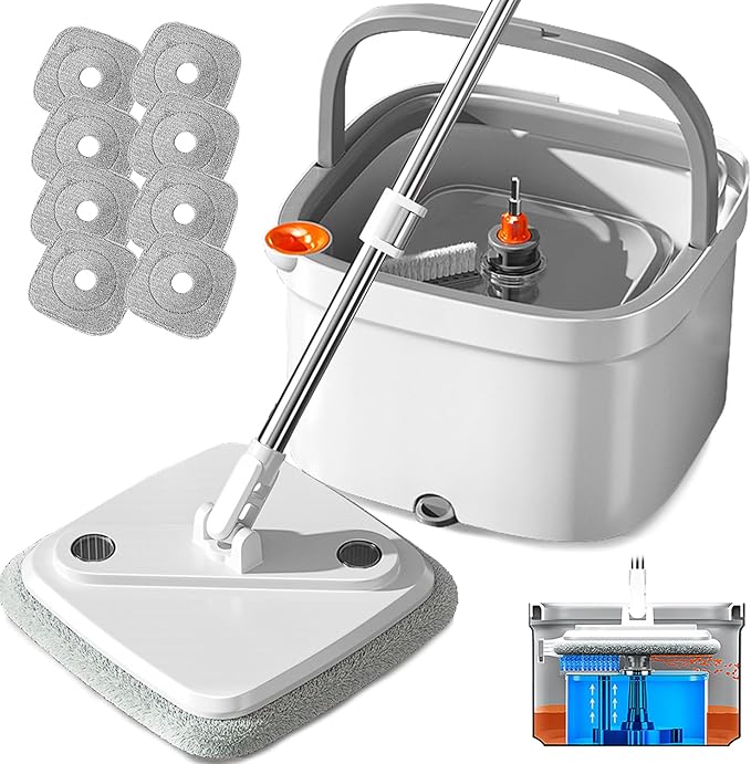 Spin Mop and Bucket Set with Self Separation Dirty and Clean Water System, Self Wringing 360° Rotating Square Mop Head for Home Floors Cleaning (1.0 Mop and Bucket Set (8 Pads))