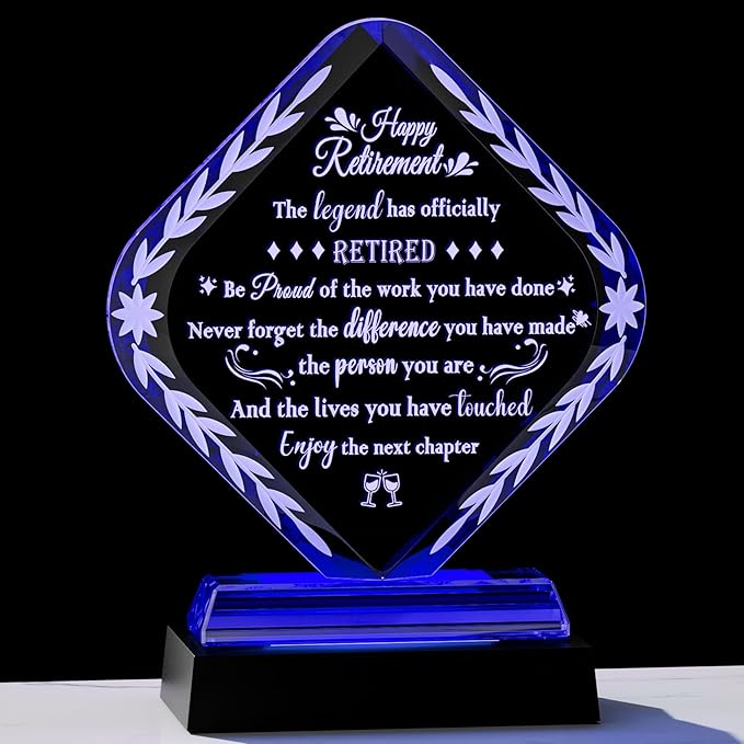 Glass Retirement Plaque Gifts for Women Men with LED Light Base, Happy Retirement Gift for Colleagues Boss Friends, Farewell Goodbye Gift Idea for Her Going Away, Retired Keepsakes for Teacher Doctor