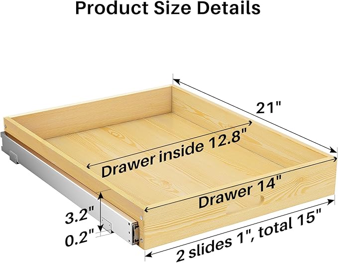 2Pack Pull Out Cabinet Organizer, Soft Close Wooden Slide Out Drawers for Pots, Full-extension Roll Out Shelves for Kitchen Cabinets, Pantry Organization, Bottom and Side Mount(15"W X 21"D x 3.4''H)