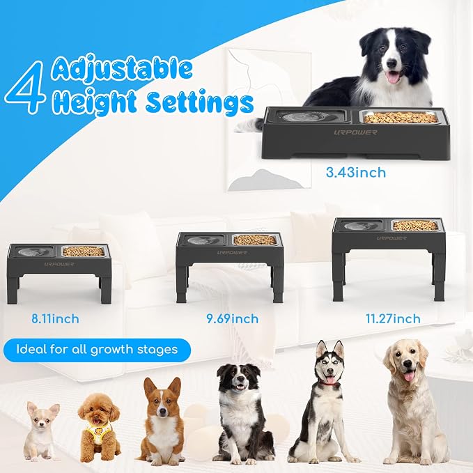 URPOWER 2-in-1 Elevated Dog Bowls 4 Height Adjustable Raised Dog Bowls | Stainless Steel Food Bowl with No Spill Water Bowl and Non-Slip Stand for Small Medium Large Dogs