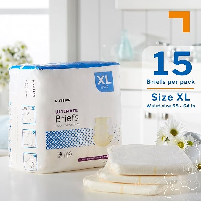 McKesson Ultimate Briefs, [60 Count], Size XL, 58-64 in. Incontinence Adult Diapers with Tabs, Maximum Absorbency, Unisex, Disposable, Elastic Leg Gathers and Contoured Fit for Men and Women