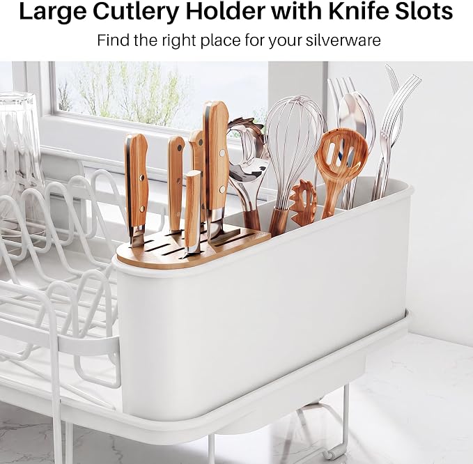 SNTD Dish Drying Rack - Large Dish Racks for Kitchen Counter, Expandable Dish Drainers with Cutlery Holder Stainless Steel Rustproof (White)
