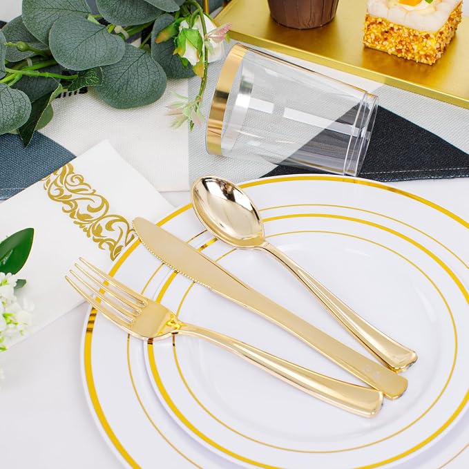 350 Pieces White and Gold Plastic Plates - 50 Guest Dinnerware Set Include 100 Plates, 50 Gold Plastic Silverware, 50 Paper Napkins and 50 Cups for Wedding/Baby Shower/Spring/Birthday/Thanksgiving