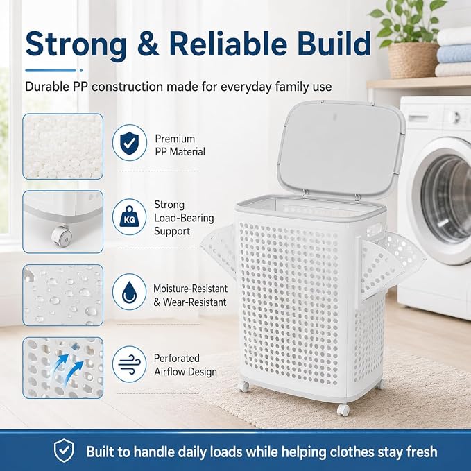 Laundry Hamper with Wheels, 70L/18.5Gal Large Capacity Collapsible Laundry Basket, Portable Rolling Laundry Bin with Lid & Handle, Side Hanging Baskets for Bedroom, Bathroom, Dorm (White)