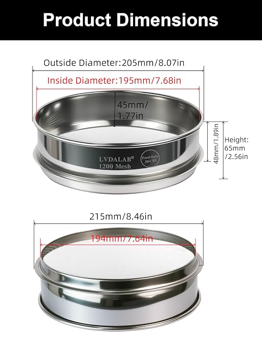 All 304 Stainless Steel 1200 Mesh Test Sieve (0.008mm Aperture), 8 Inch/20cm Diameter, Ultra Fine Micron Filter for High Precision Lab Analysis & Filtering
